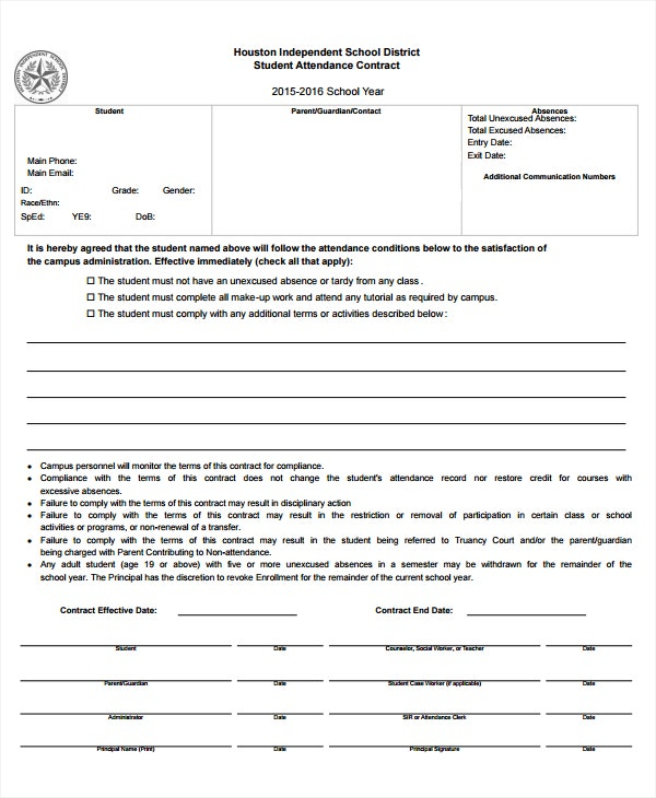 8 Student Attendance Contract Templates PDF