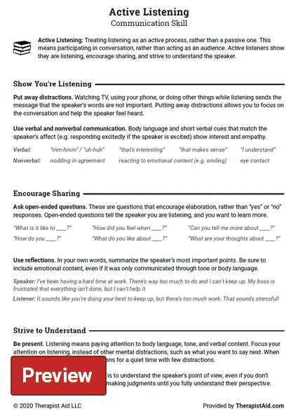 Active Listening Communication Skill Worksheet Therapist Aid Anger 