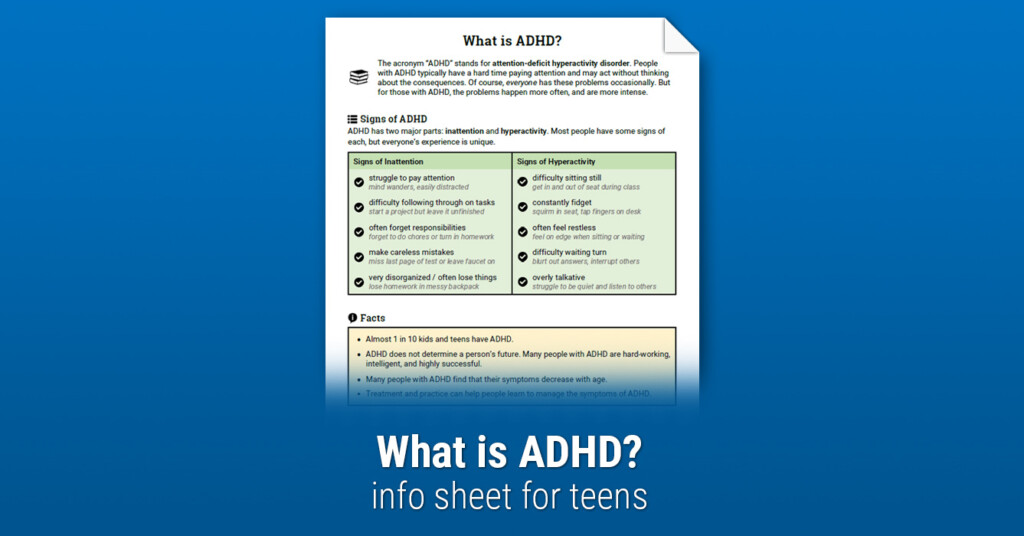 ADHD Info For Teens Worksheet Therapist Aid