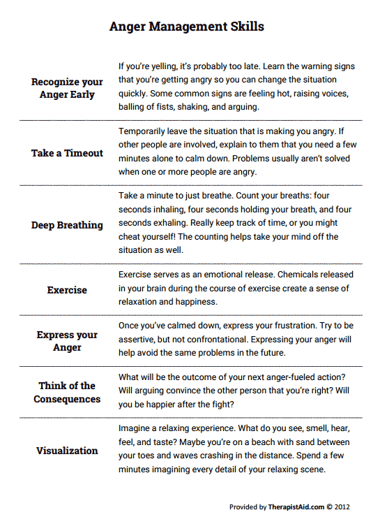 Anger Management Skills Worksheet Therapist Aid