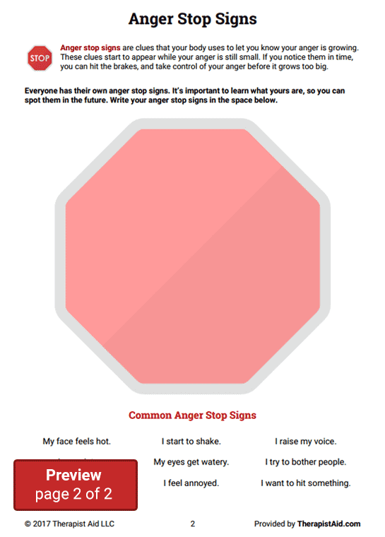 Anger Stop Signs Worksheet Therapist Aid