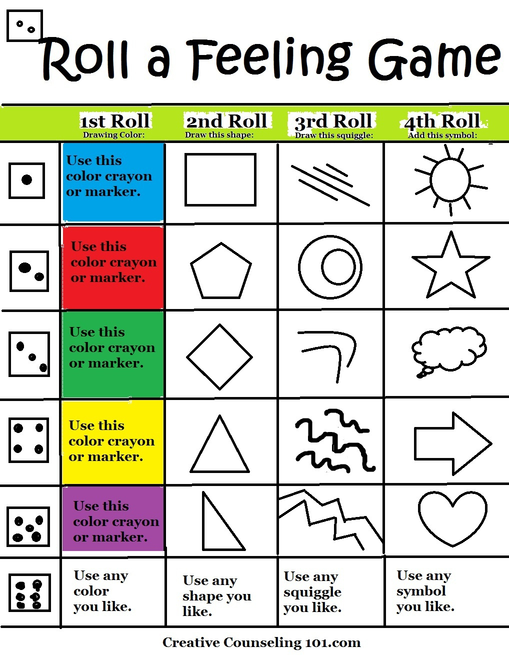 Beyond Art Therapy Roll A Feelings Game Free Printable Therapy