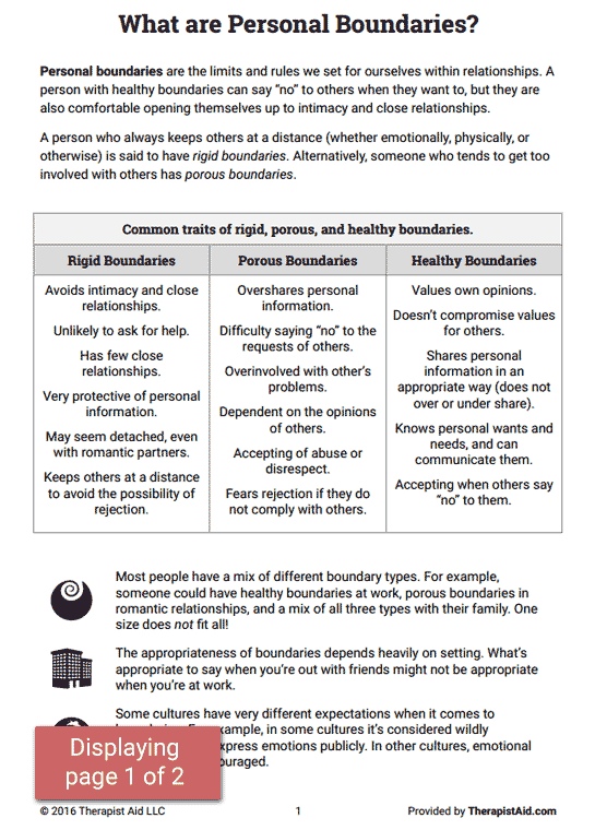 Boundaries Info Sheet Worksheet Therapist Aid Boundaries Exploration 