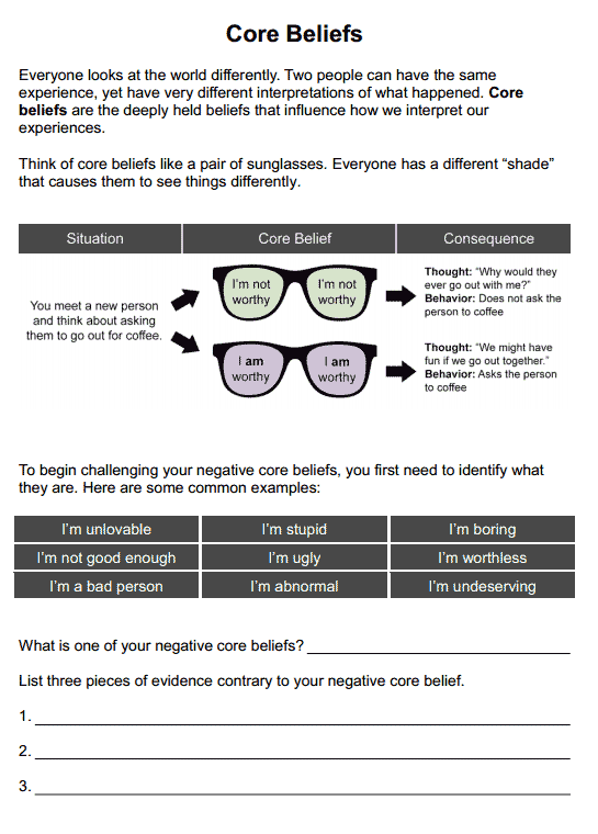 Cbt Core Beliefs Worksheet Printable Worksheet