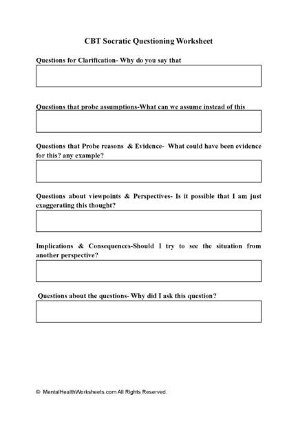 CBT Socratic Questioning Worksheet Mental Health Worksheets