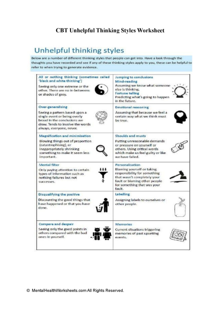 CBT Unhelpful Thinking Styles Worksheet Mental Health Worksheets