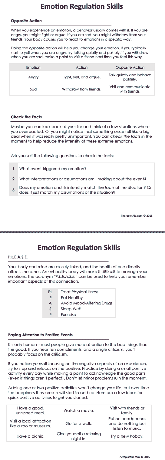 DBT Emotion Regulation Skills Worksheet Therapist Aid Dialectical