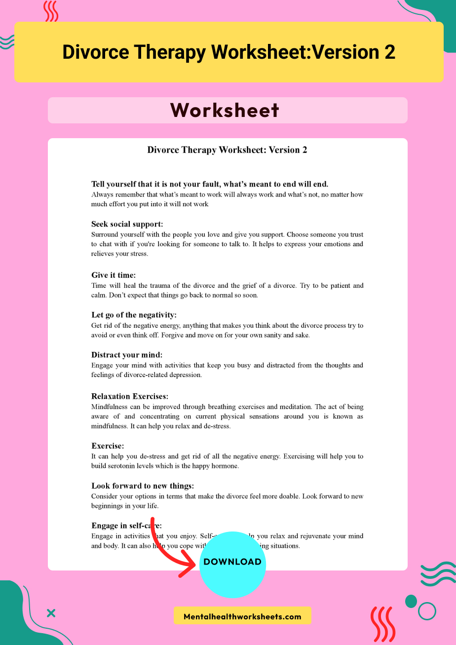 Divorce Therapy Worksheet Version 2 Mental Health Worksheets