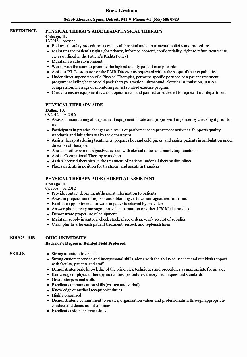 Experienced Physical Therapist Resume Elegant Physical Therapy Aide 