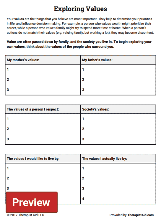 Exploring Values Worksheet Therapist Aid Personal Development 