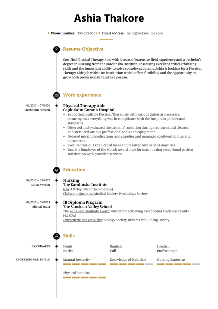 Free Physical Therapy Aide Resume Example Kickresume