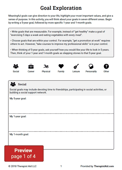 Goal Exploration Worksheet Therapist Aid