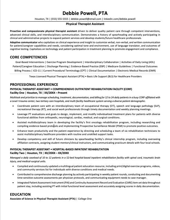 Physical Therapist Assistant Resume Monster