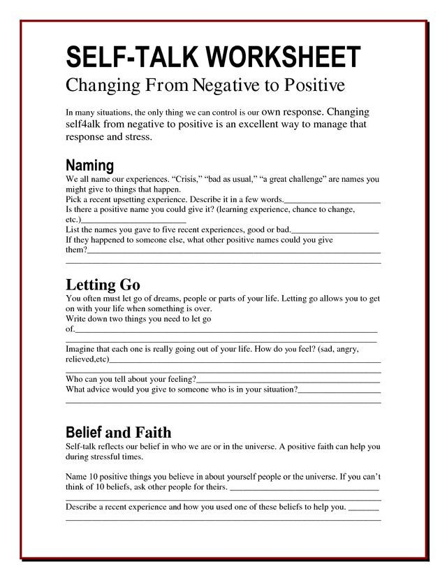 Positive Self Talk Therapy Worksheets Anger Worksheets Therapy