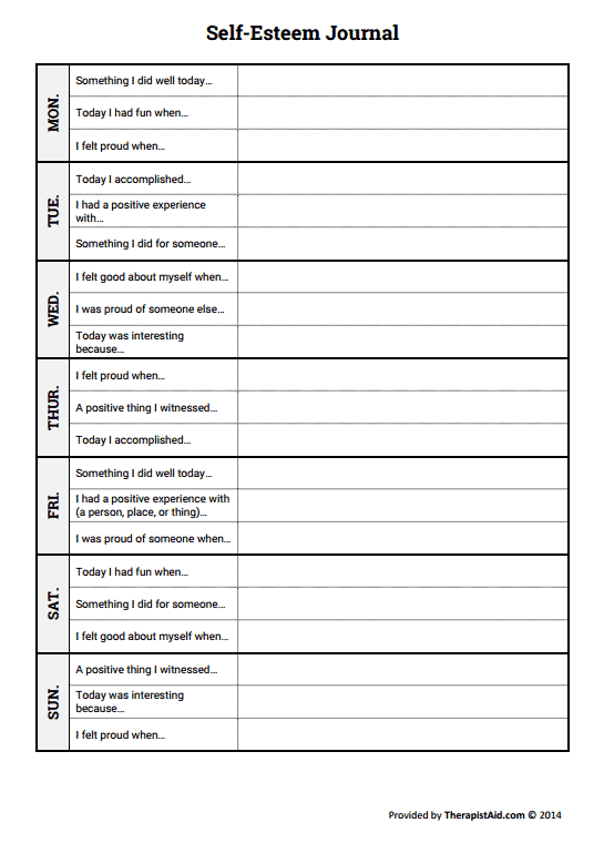 Self Esteem Journal Worksheet Therapist Aid Self Esteem