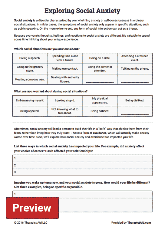 Social Anxiety Therapist Aid Worksheet Anger Management Worksheets