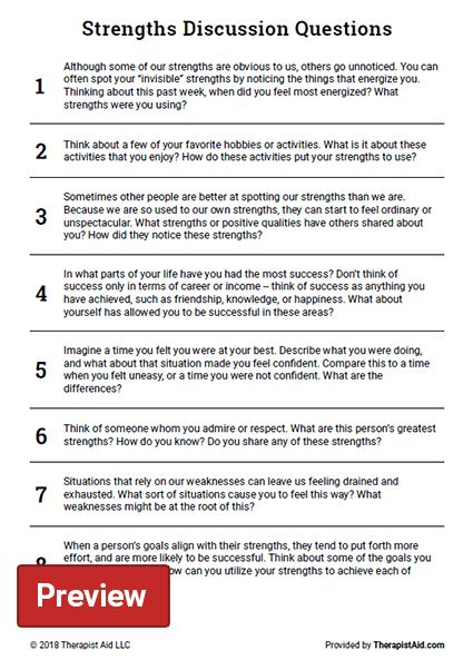 Strengths Discussion Questions Worksheet Therapist Aid Therapy DBT 