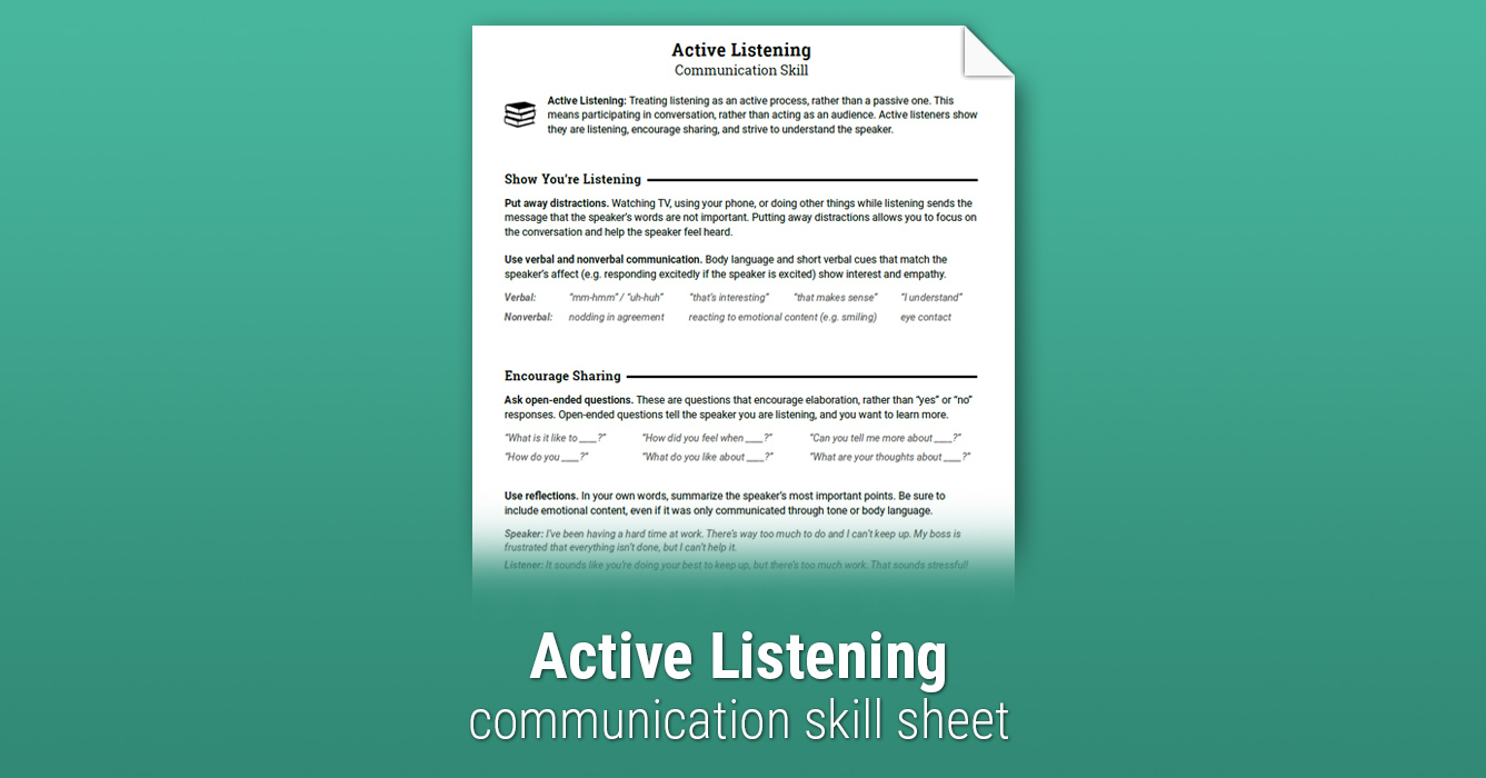Active Listening Communication Skill Worksheet Therapist Aid 