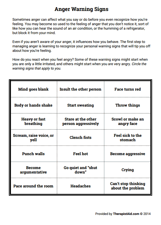 Anger Warning Signs Worksheet Therapist Aid Counseling Activities 