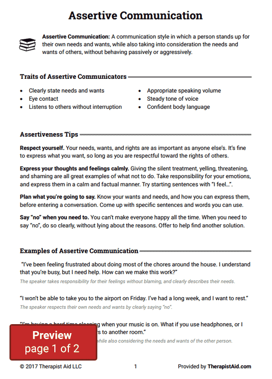 Assertive Communication Worksheet Therapist Aid Assertiveness 