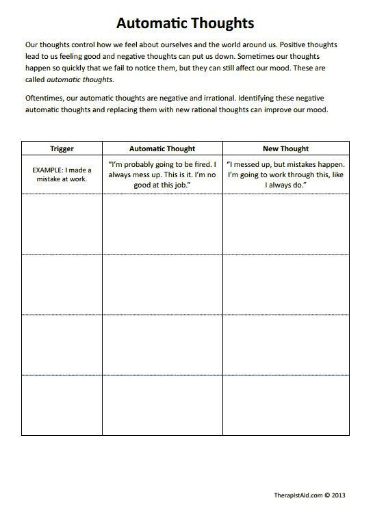 Automatic Thoughts Worksheet Therapist Aid Therapy Worksheets 