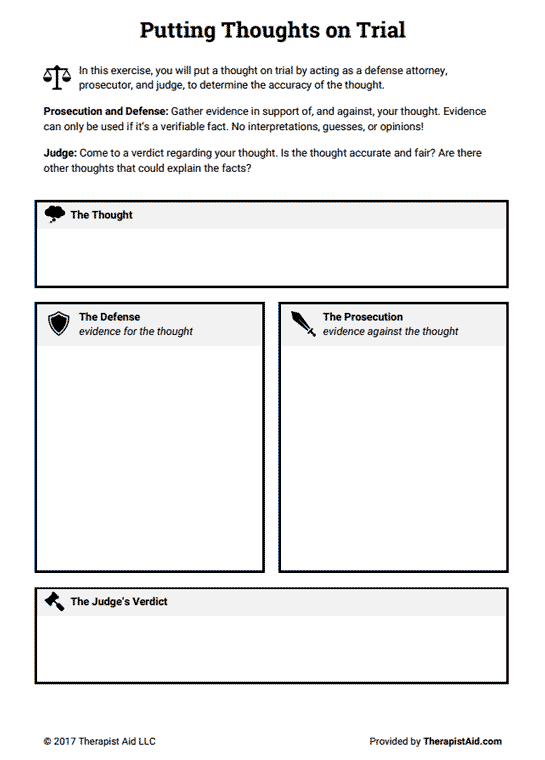 Cognitive Restructuring Thoughts On Trial Worksheet Therapist Aid 