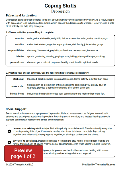 Coping Skills Depression Worksheet Therapist Aid Coping Skills Worksheets