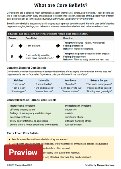 Core Beliefs Info Sheet Worksheet Therapist Aid