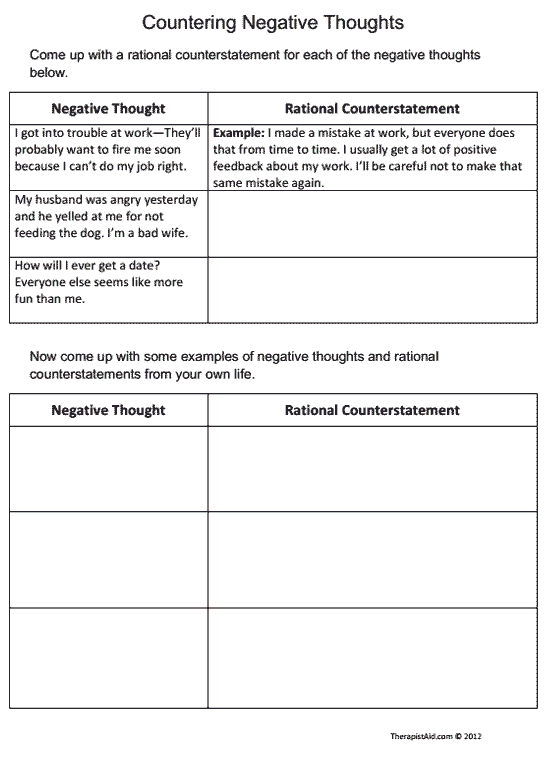 Countering Negative Thoughts Thought Log Worksheet Therapist Aid 