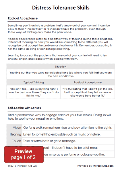 DBT Distress Tolerance Skills Worksheet Therapist Aid Distress 