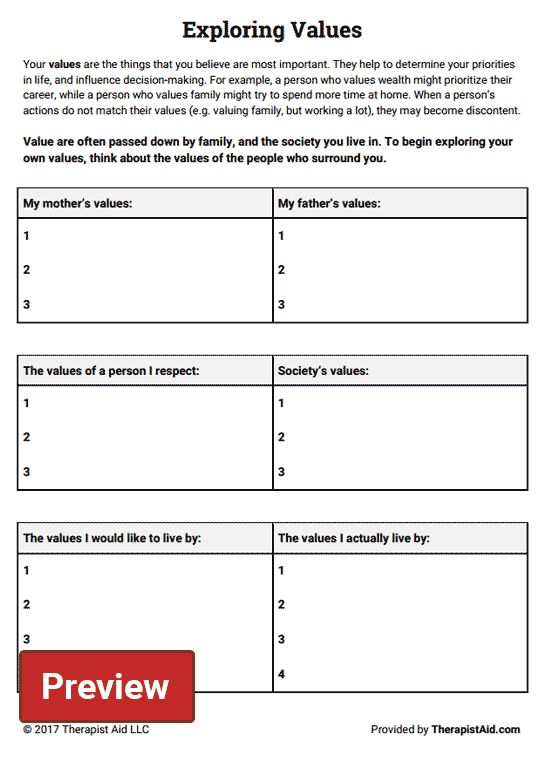 Exploring Values Worksheet Therapist Aid Therapy Worksheets