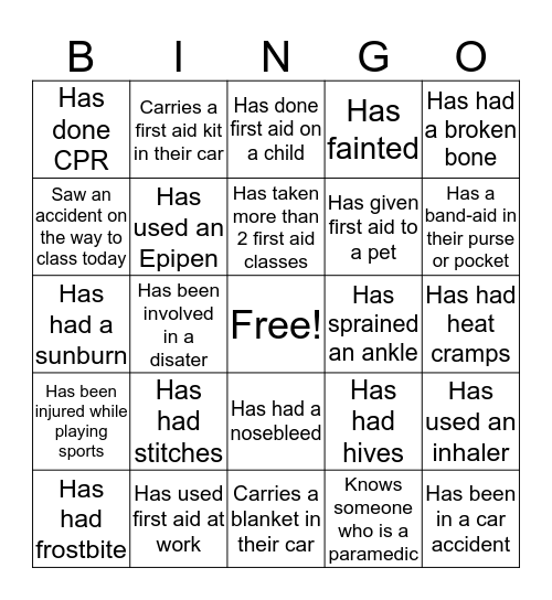 First Aid Bingo Card