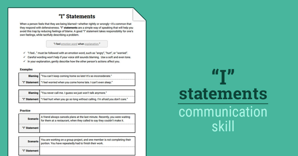 I Statements Worksheet Therapist Aid Db excel