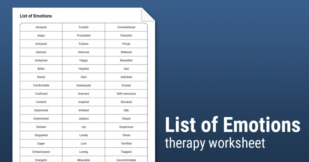 List Of Emotions Worksheet Therapist Aid