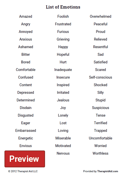 List Of Emotions Worksheet Therapist Aid Feelings List List Of 