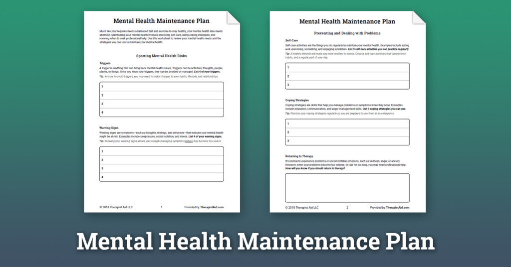 Mental Health Maintenance Plan Worksheet Therapist Aid Discharge 