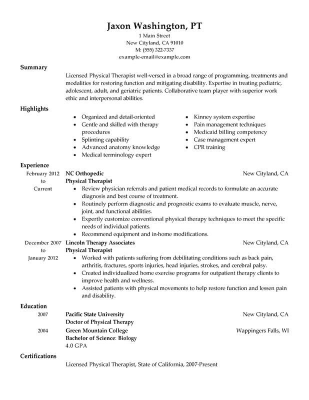 Physical Therapist Resume Sample My Perfect Resume Physical