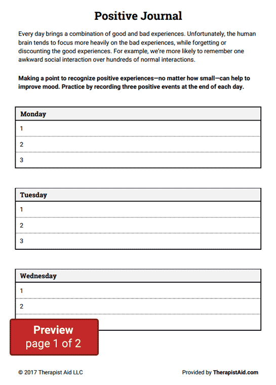 Positive Journal Worksheet Therapist Aid