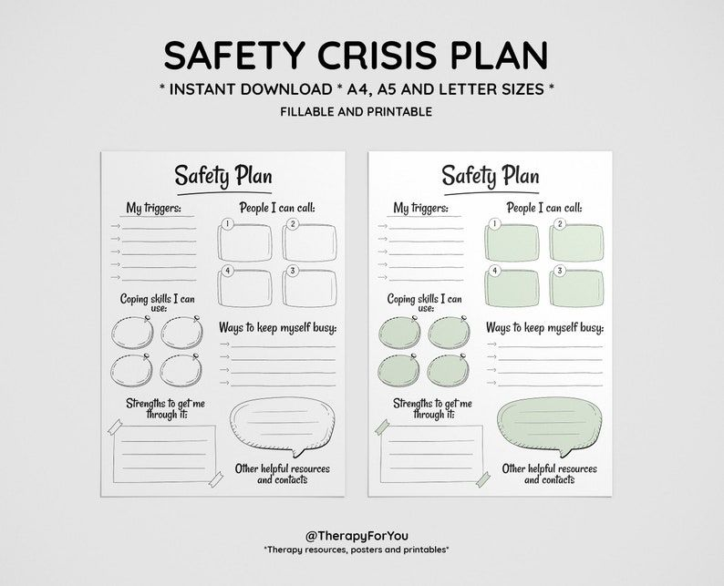 Printable Safety Crisis Plan Worksheet Therapy Aid School Etsy Mental 