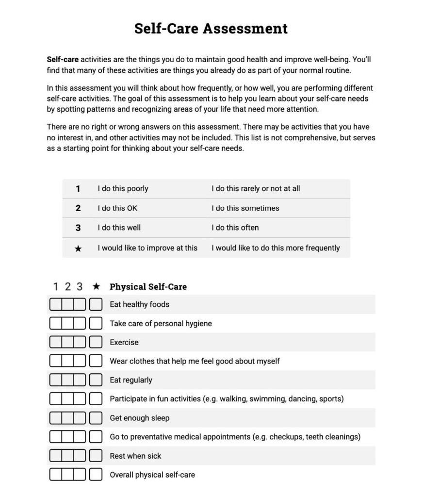 Printable Self Care Assessment Therapist Aid Printable JD