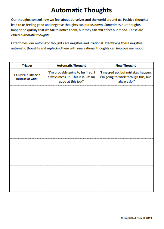 Printables Automatic Negative Thoughts Worksheet Worksheets Samples