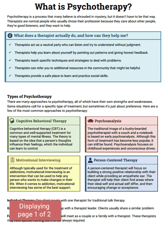 Psychotherapy Info Sheet Worksheet Therapist Aid Psychotherapy 