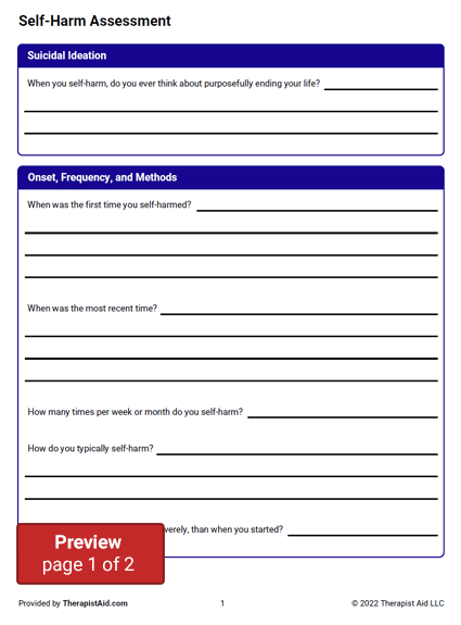 Self Harm Assessment Worksheet Therapist Aid