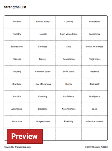 Strengths List Worksheet Therapist Aid