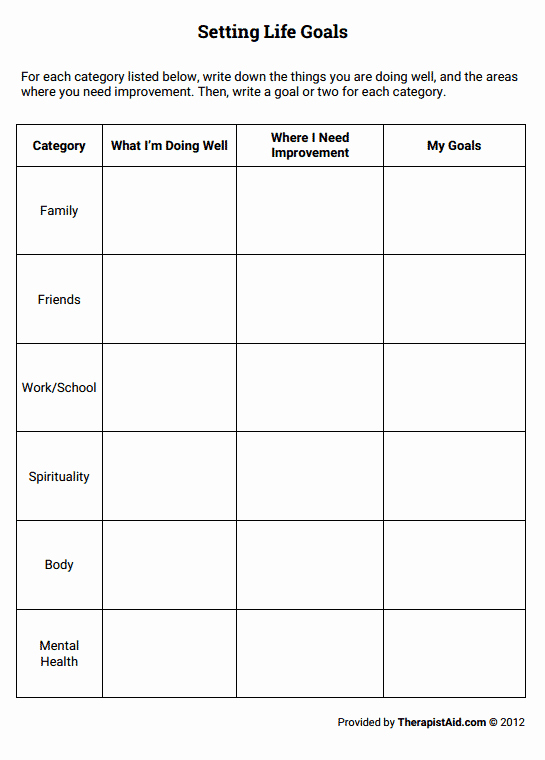 Therapist Aid Worksheets Goal Setting For Teens