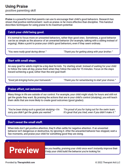 Using Praise Positive Parenting Skill Worksheet Therapist Aid In