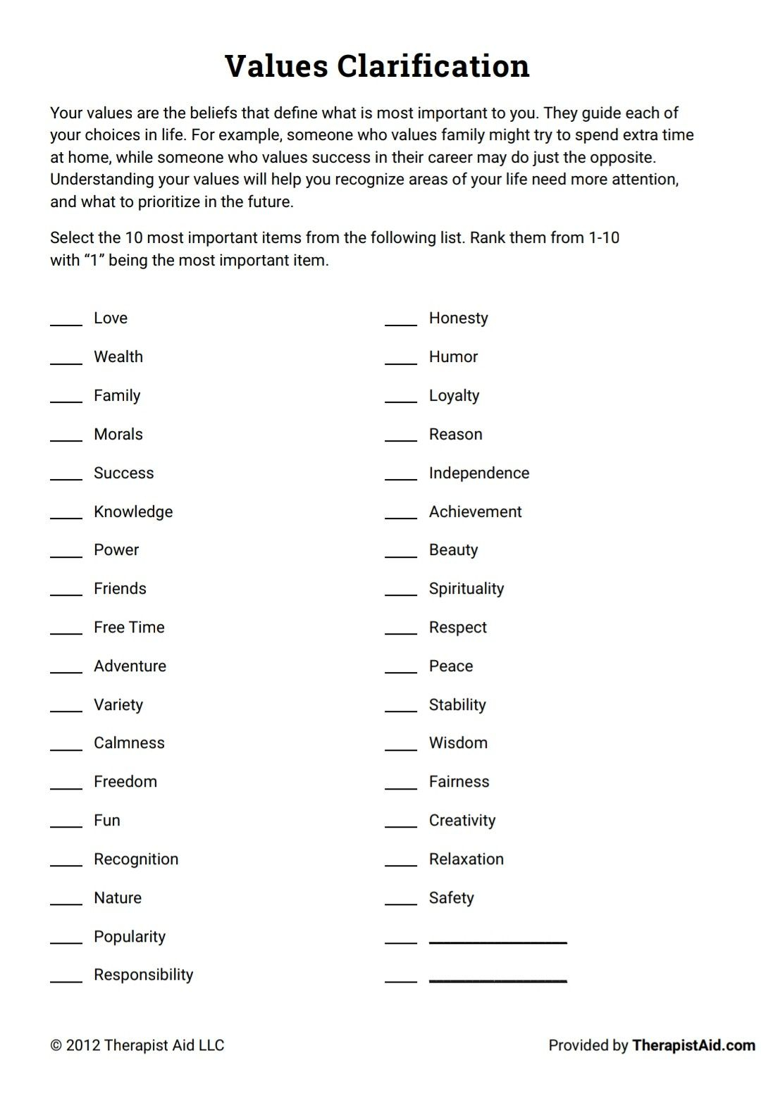 Values Clarification Worksheet Identify Important Qualities And