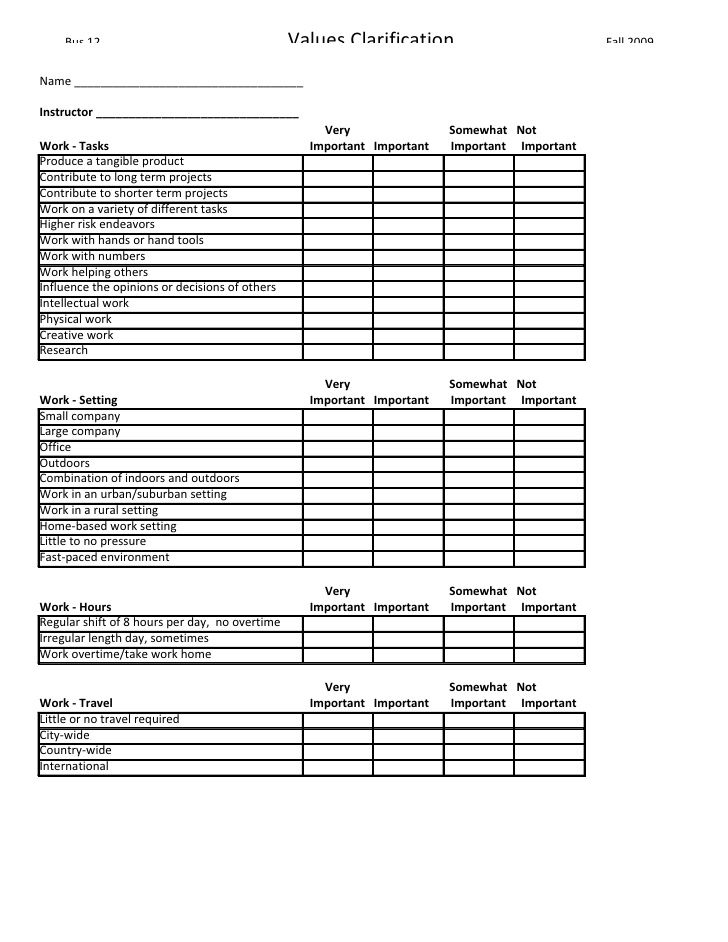 Values Clarification Worksheet