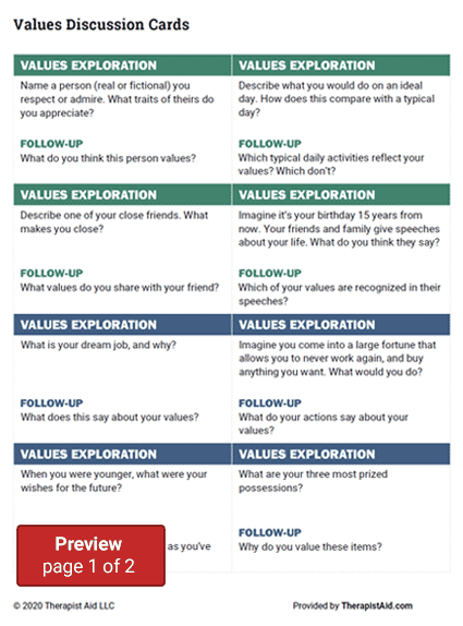 Values Discussion Cards Worksheet Therapist Aid