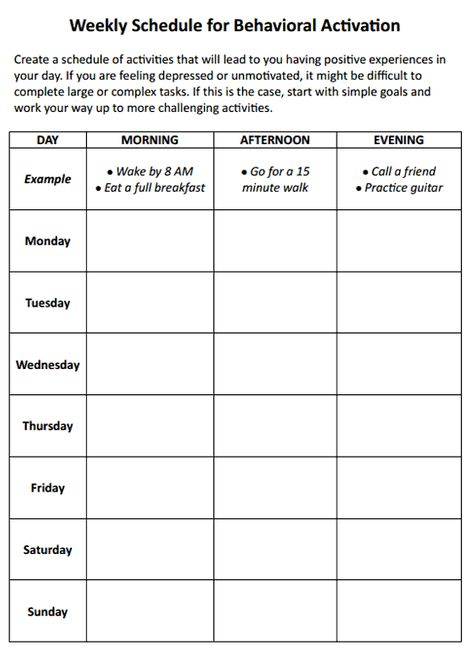 Weekly Schedule For Behavioral Activation Worksheet Therapy 